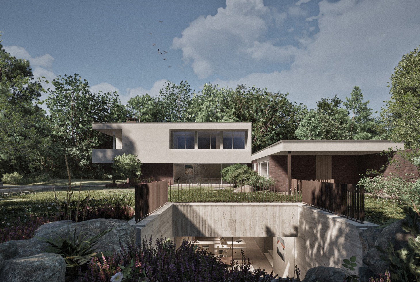 Villa inmitten von altem Baumbestand und Blick in den Lichthof