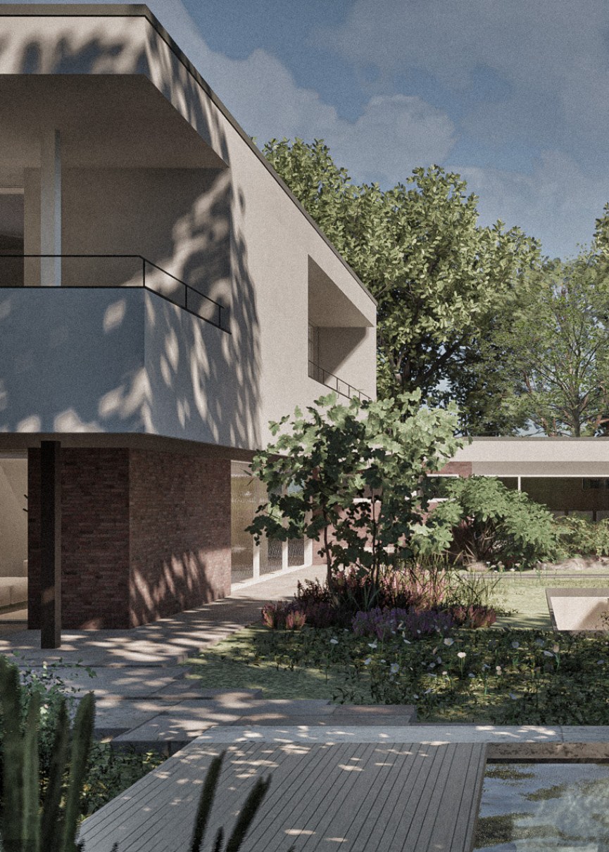 Villa mit auskragendem Obergeschoss und Pool im Vordergrund